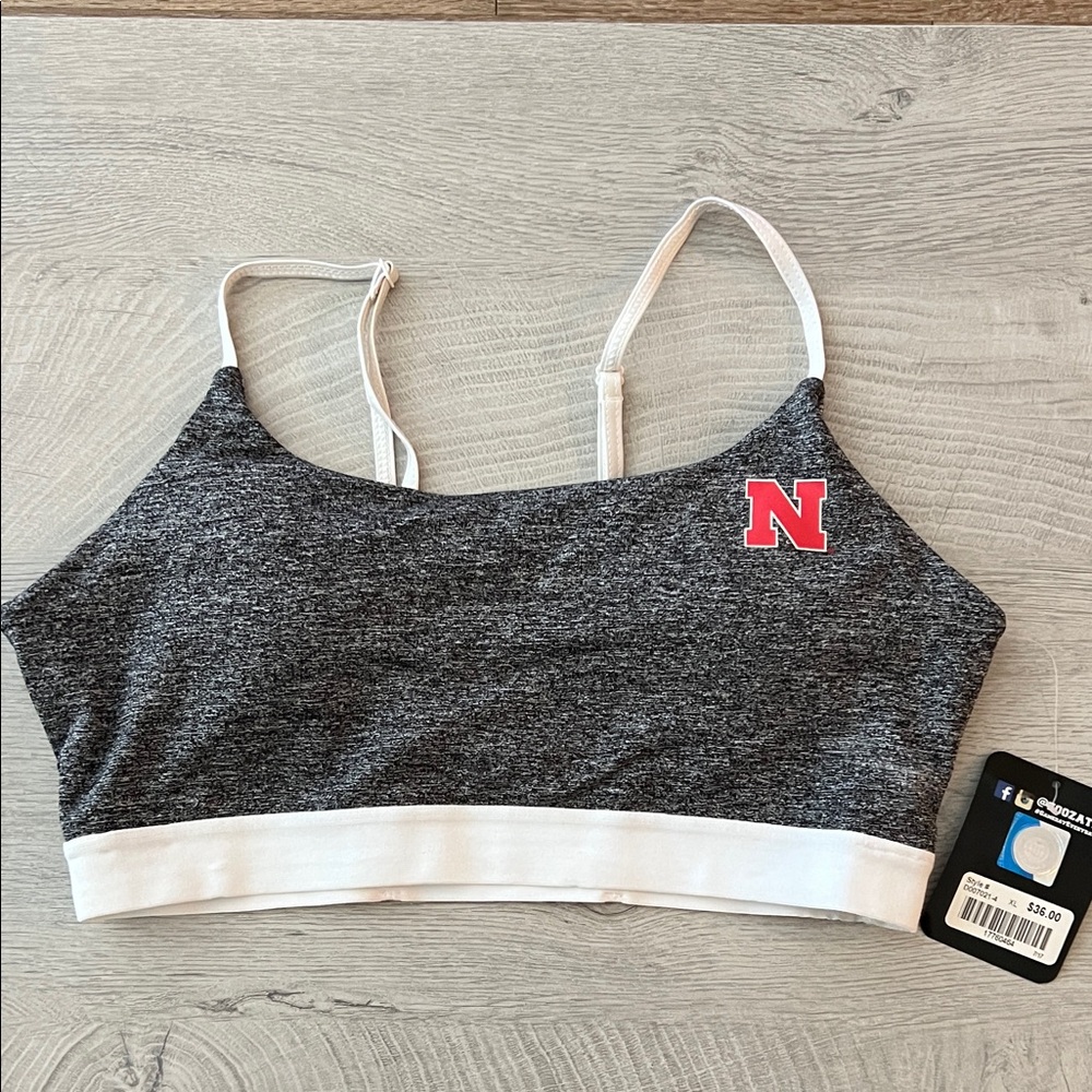 Nebraska Huskers Gray and White Sports Bra